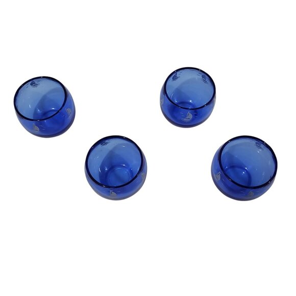 4 Vintage HAZEL ATLAS Cobalt Blue Cocktail Roly Poly Glasses Sailboat Ships 6 oz - Picture 4 of 5